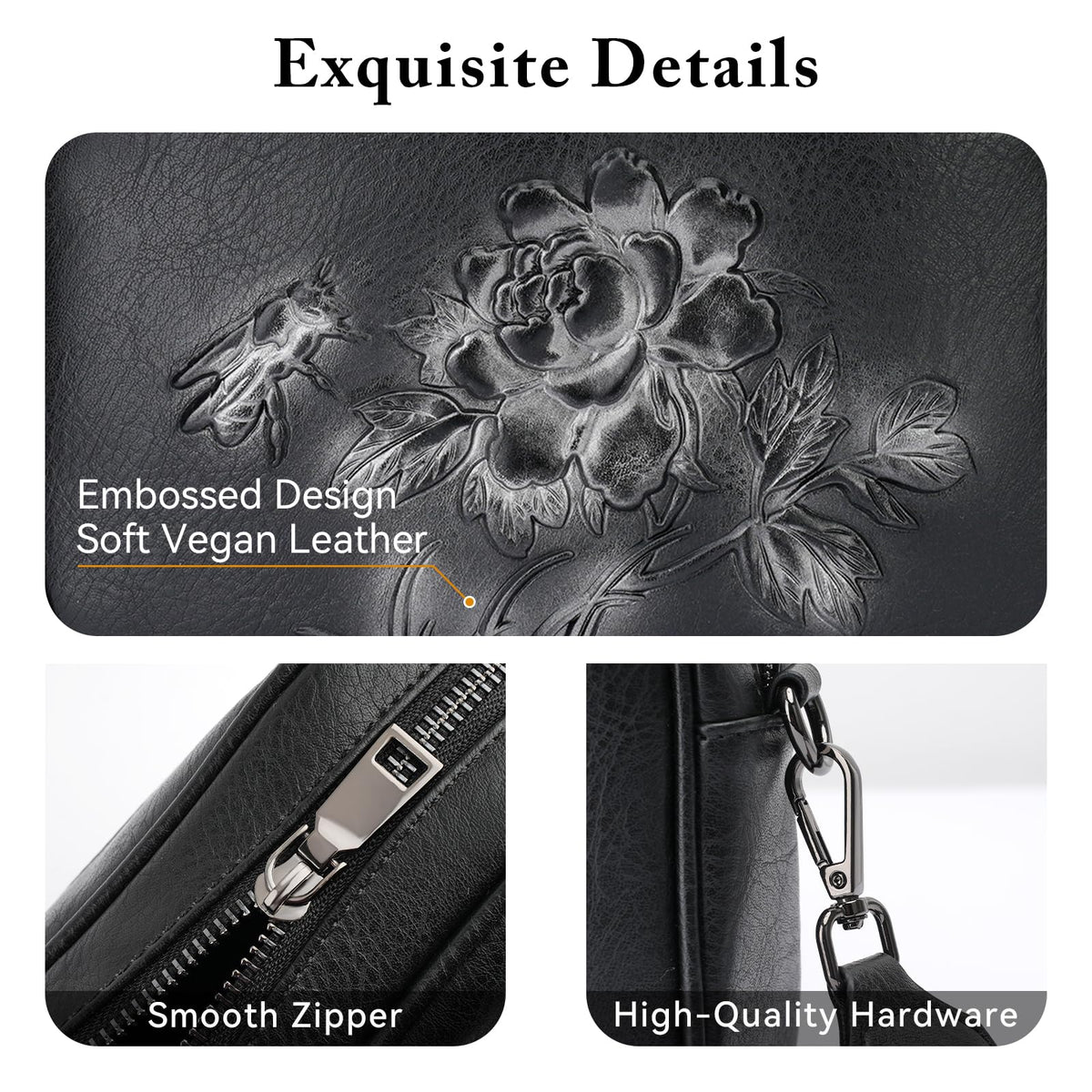 VIMUTI Small Crossbody Purses for Women, Trendy Vegan Leather Crossbody Bag Embossed Travel Shoulder Handbags with Wide Strap (Black)
