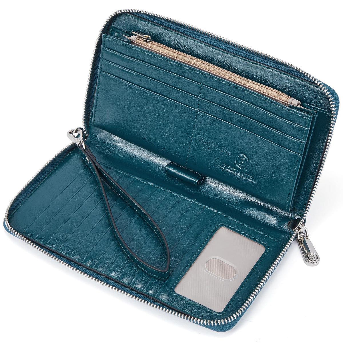 BOSTANTEN Leather Wallet for Women RFID Blocking Zip Around Credit Cards Holder Phone Clutch Peacock Blue