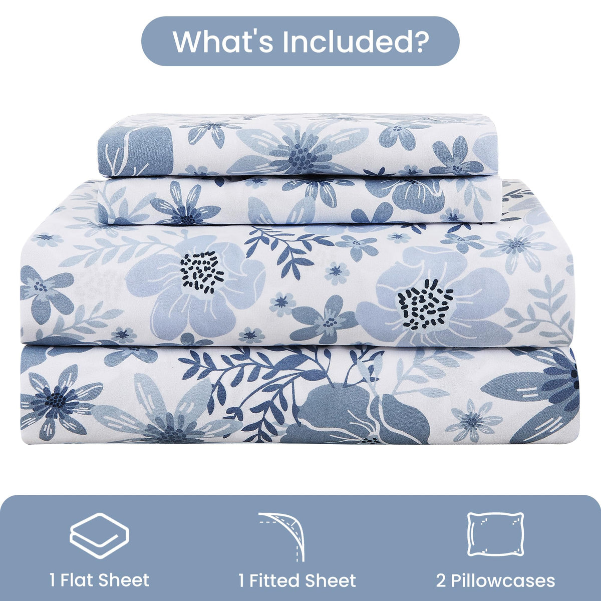 Mooreeke Full Size Sheets Set - 4 Piece Soft Breathable Microfiber Bed Sheet Set - Blue & White Flower Pattern Sheet Set Full - Deep Pocket Non-Slip Floral Fitted Sheet Included for All Season