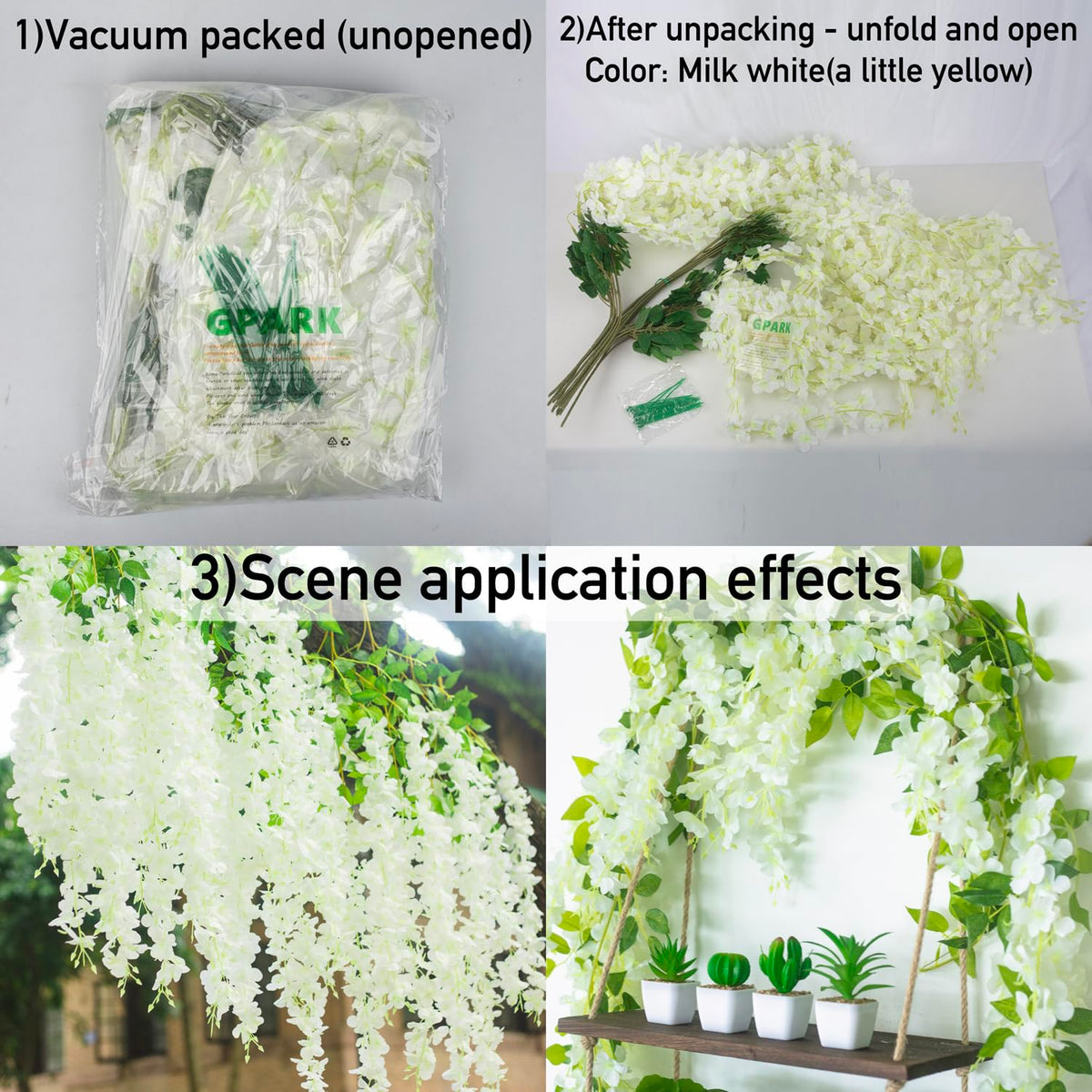 GPARK (36 Branches 12 Pack /45 inch /3.7ft Wisteria Hanging Artificial Flowers Fake Bushy Silk Vine Garland String for Wedding Party Garden Greenery Home Wall Deco Beige+Green+White