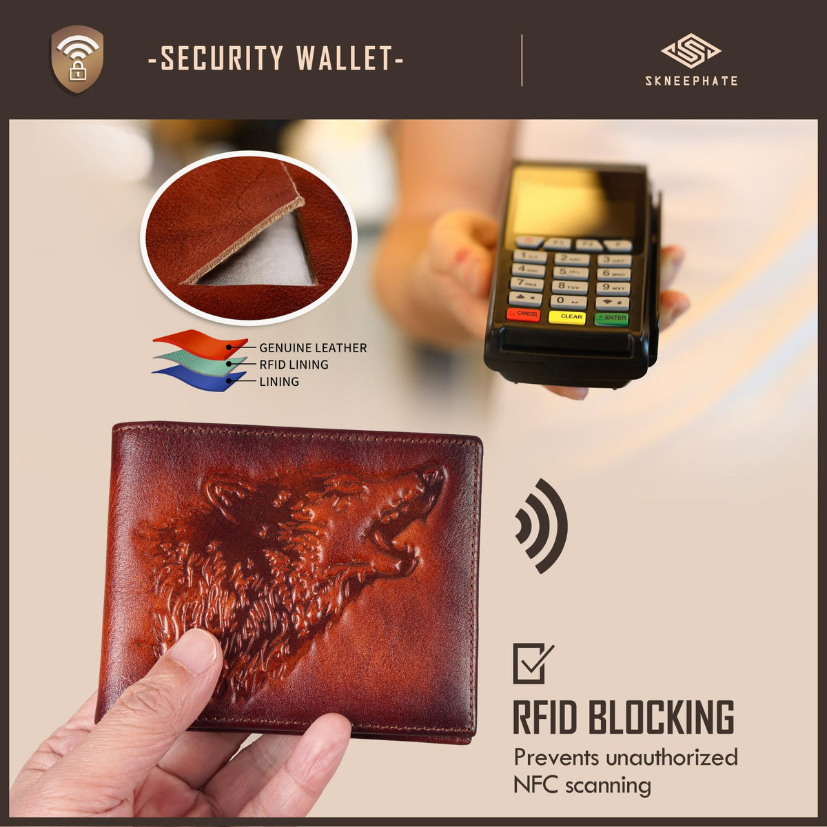 skneephate Mens Wallets Leather Bifold Cool Wallet For Men Wolf,Rfid Blocking,Gift For Him Husband (brown)