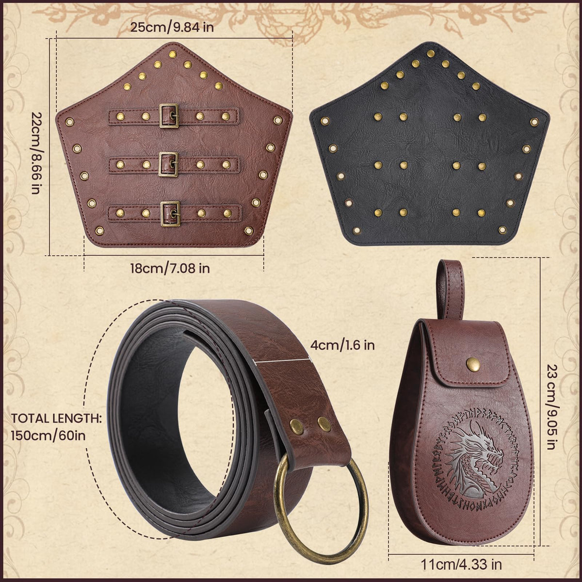 Berenlu 3 PCS Renaissance Accessories, Viking Renaissance Belt Medieval Vintage Belt Pouch and Leather Bracers, Enhance Your Halloween Renaissance Cosplay with Medieval Accessories (Brown)