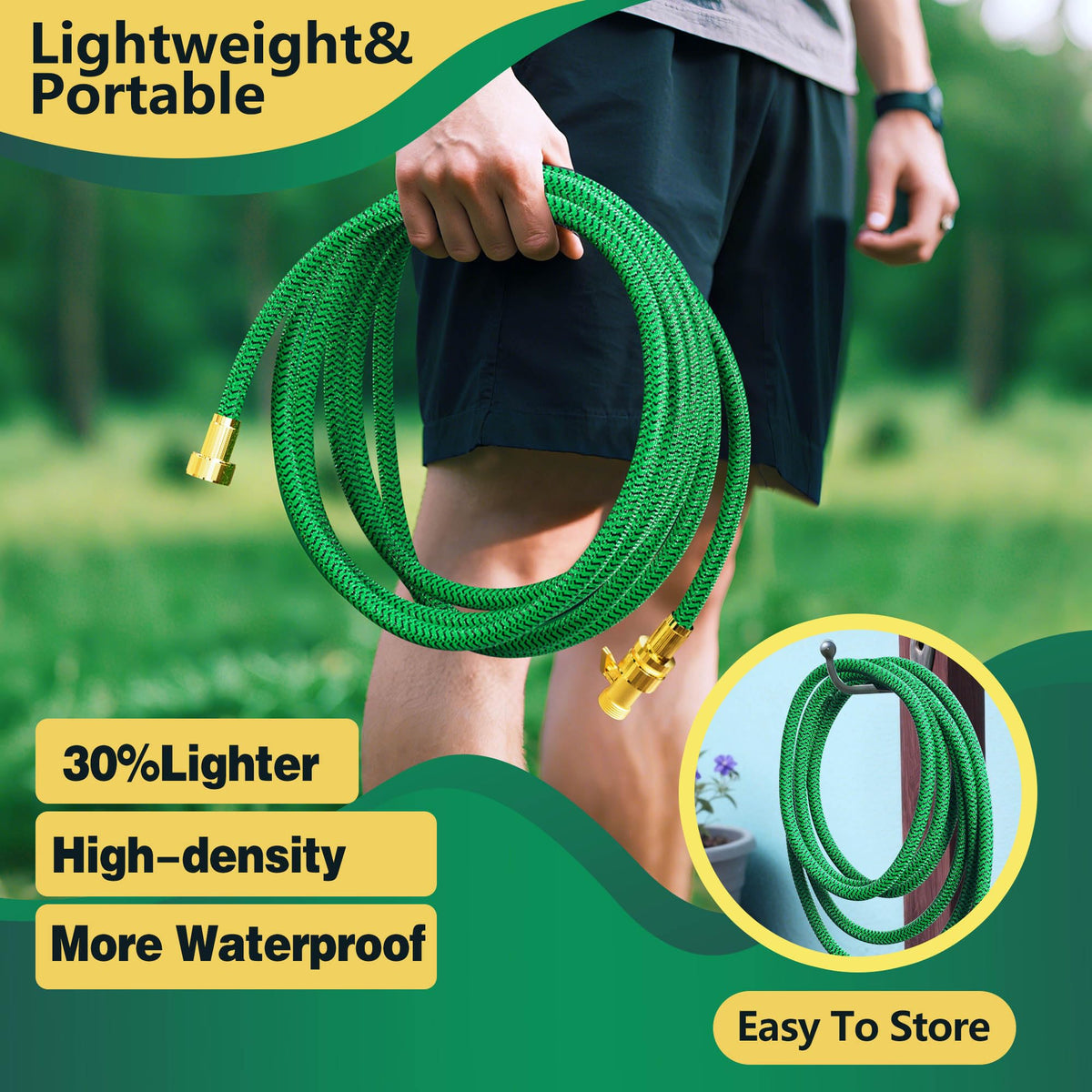 Non-Expandable Garden Hose 25ft, Flexible Water Hose with High-Density Fabric & Leak-Proof Metal Interface, Kink Resistant Wearproof Water Pipe for Gardening, Car Wash, Lawn, Yard