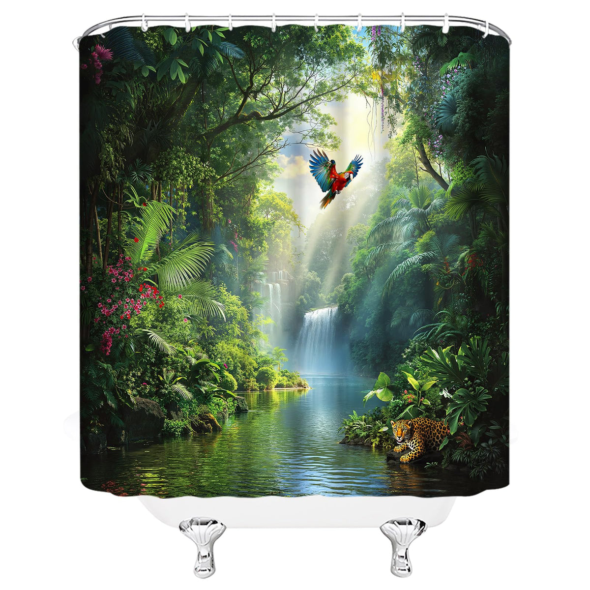 Rainforest Waterfall Shower Curtain Green Nature Forest Waterfall Wild Animal Leopard Parrot Tropical Plant Jungle Scenery Bathroom Fabric Curtain with Hooks,70x70 Inches