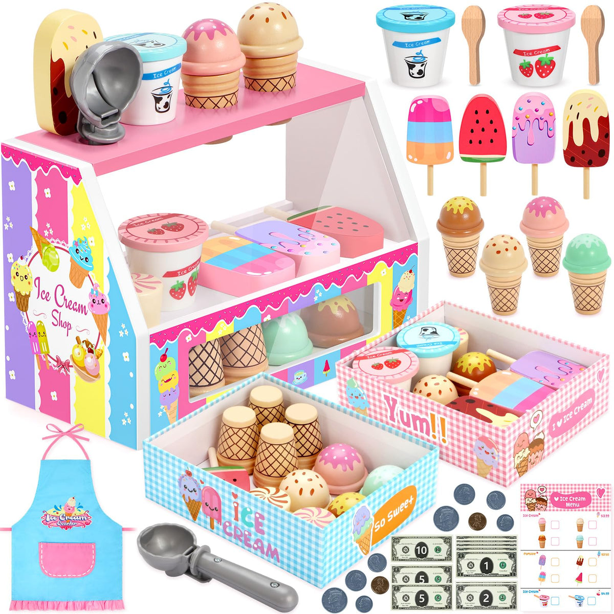 INNOCHEER Ice Cream Toy, Wooden Ice Cream Play Set, Pretend Play Kitchen Toys, Ice Cream Toys for Toddlers, Ice Cream Shop Playset Play Store, Gifts Toys for 3 4 5 6 7 8+ Year Old Girls Boys
