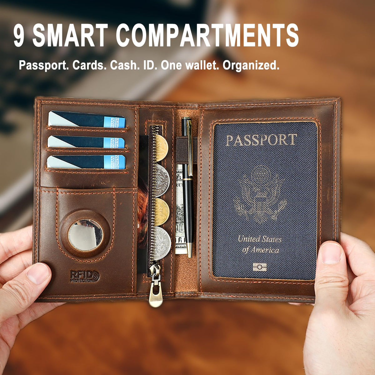 HIDO RFID Passport Holder for Men, Slim Leather Travel Wallet with Airtag Slot & RFID Blocking