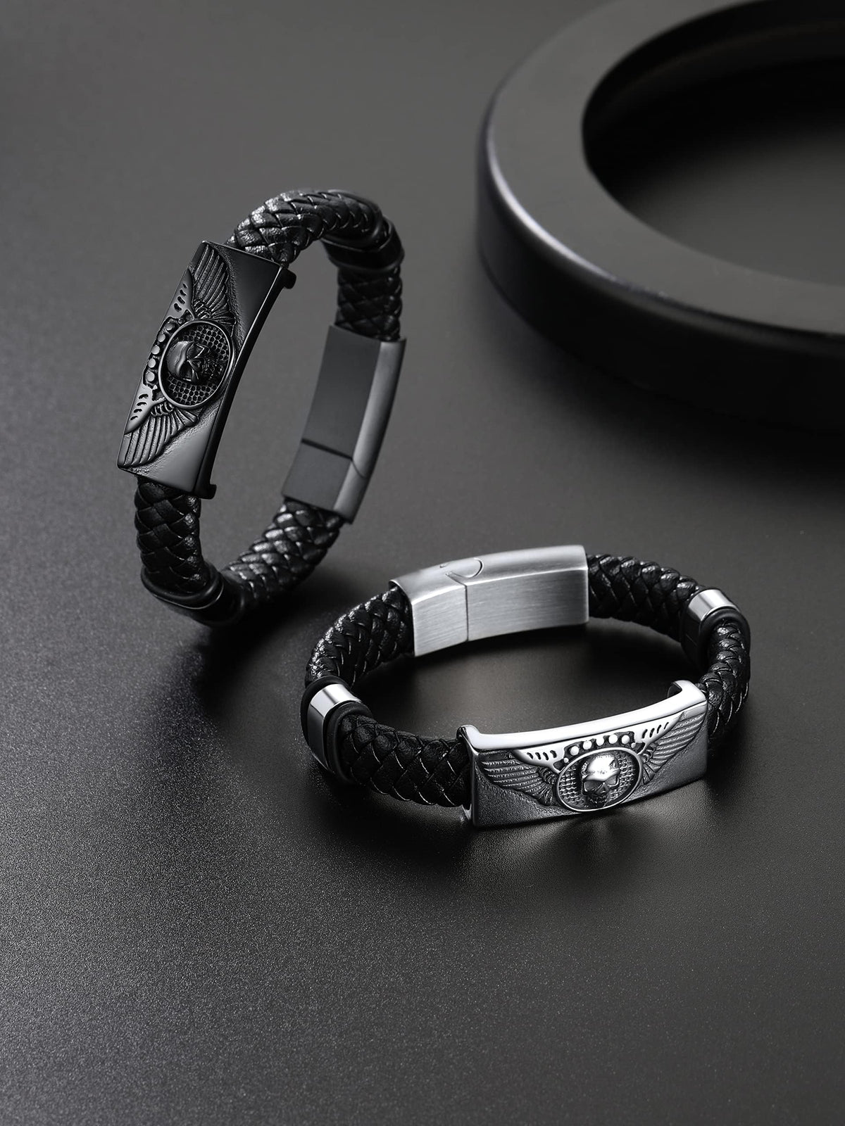 ChainsHouse Mens Braided Leather Black Bracelets Bangles, Wing Skull Bracelet for Dad Husband, 23cm