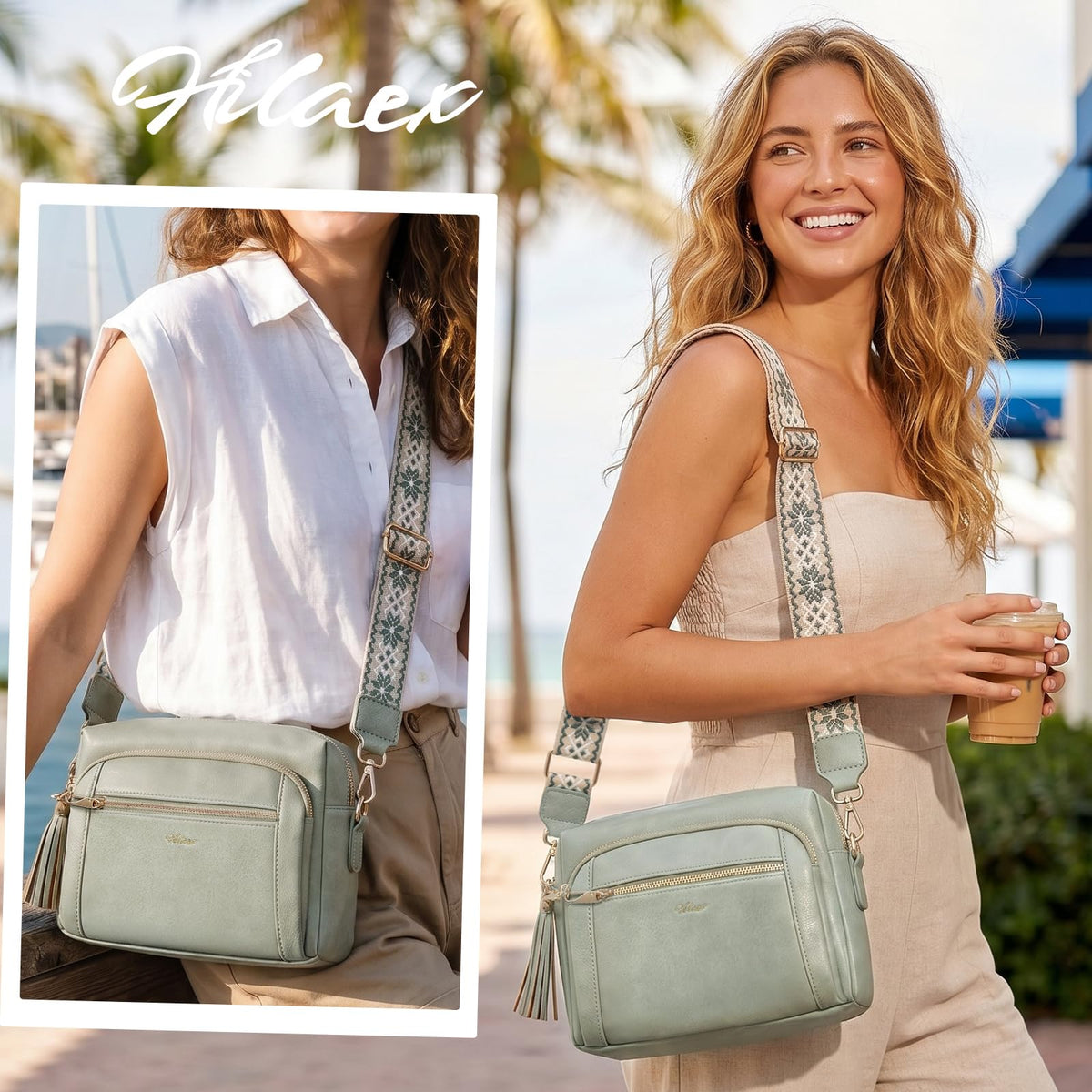 HILAEX Small Leather Crossbody Bags for Women Anti theft Purses and Handbag Shoulder Hangbag with Wide Strap Tassel Pale Green