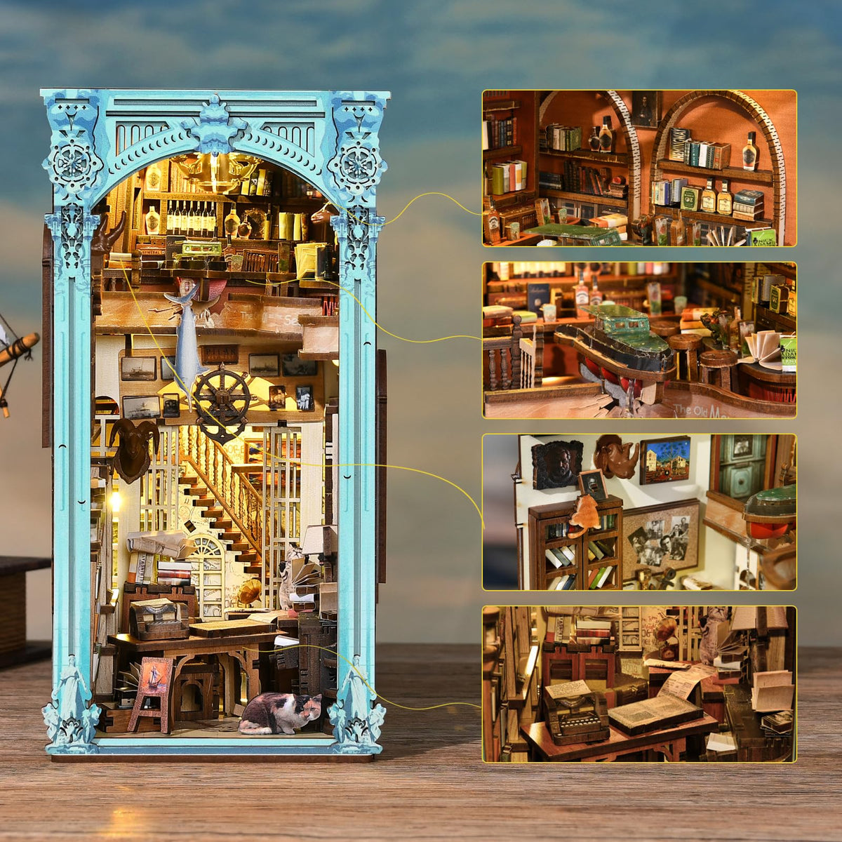 CCCDF DIY Book Nook Kit, Miniature Dollhouse Booknook Kit, 3D Wooden Puzzle Bookend Bookshelf Insert Decor with LED Light for Teens and Adults (Hemingway House)