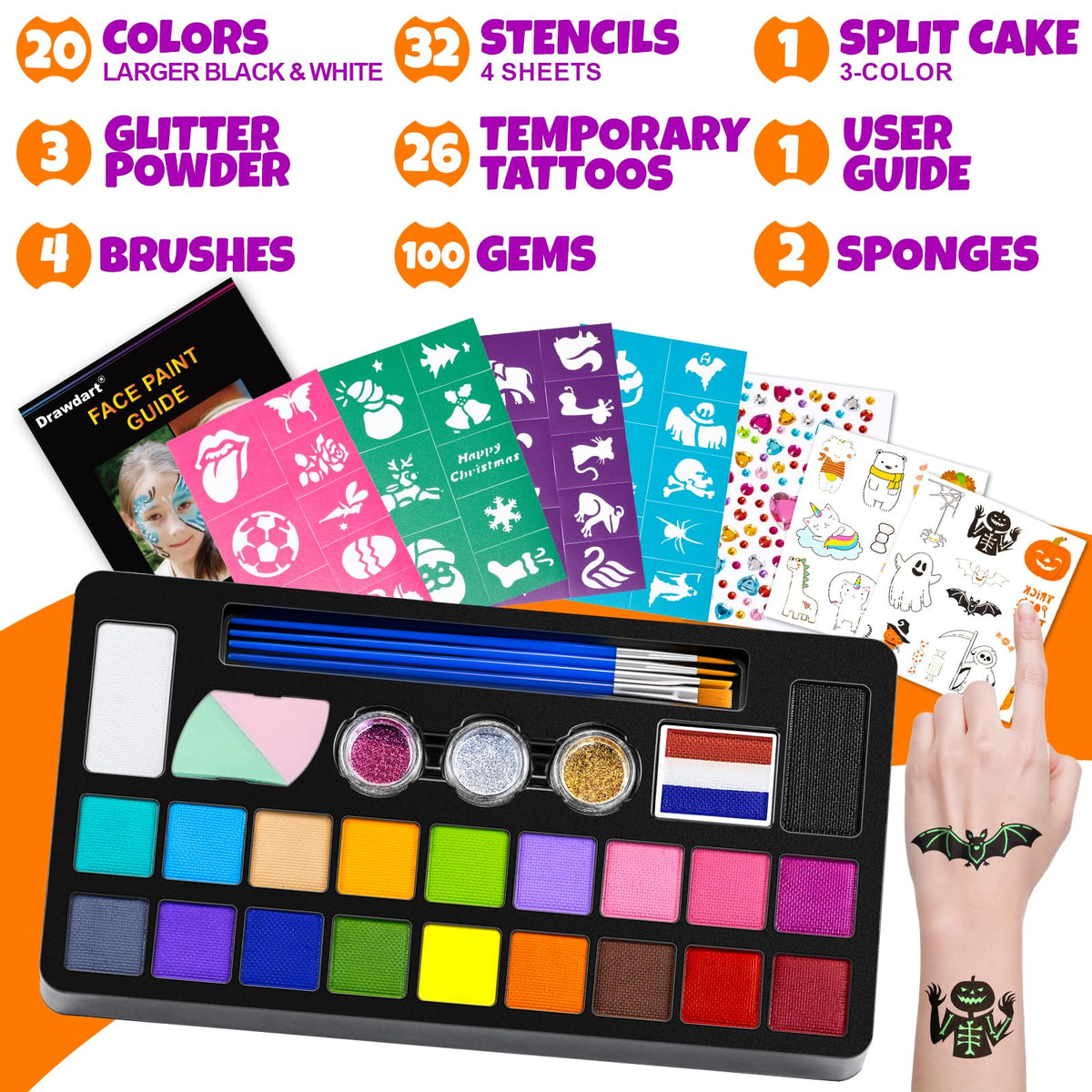 Drawdart Face Painting Kit for Kids - 20 Colors Water Based Non-Toxic Paint With Stencils & Brushes - Professional Body Makeup Kit for Parties, Birthdays, Halloween