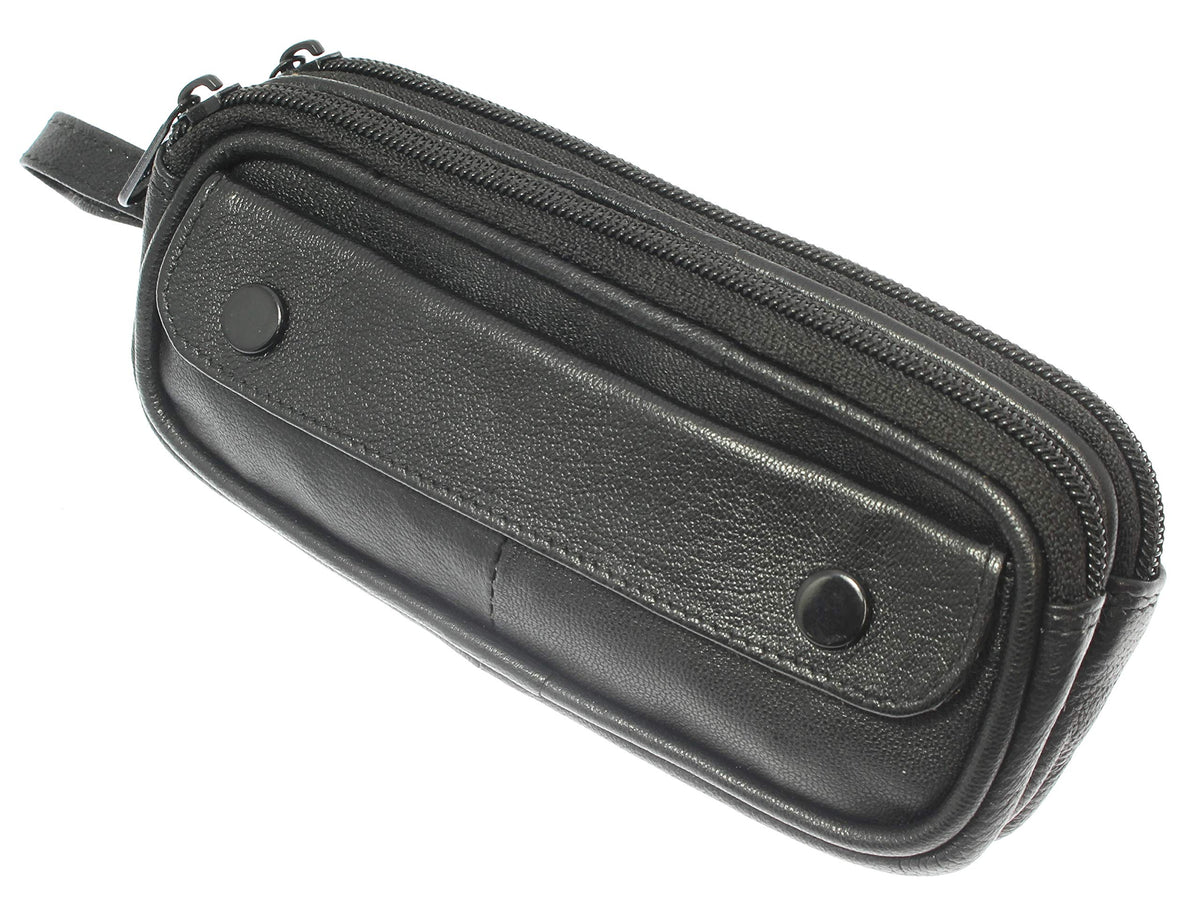 Soft Black Goat Leather Double Spectacle Glasses Case with Belt Loops/Key Ring Loop