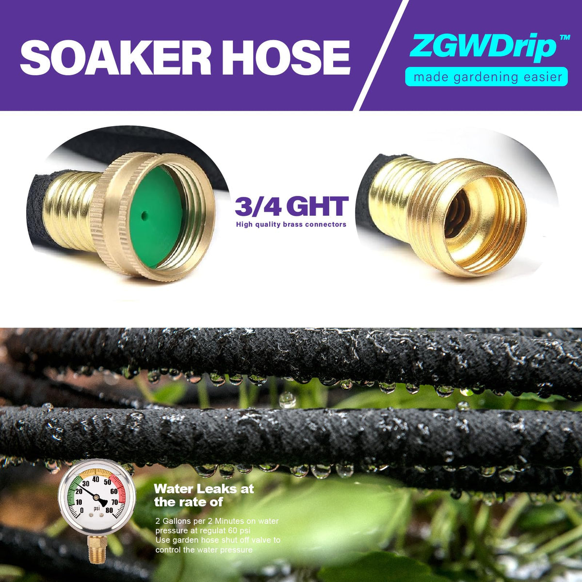 ZGWDrip 50FT 1/2" Water-Saving Soaker Hose with Solid Brass Connectors, Drip Irrigation Kit for Lawn & Yard