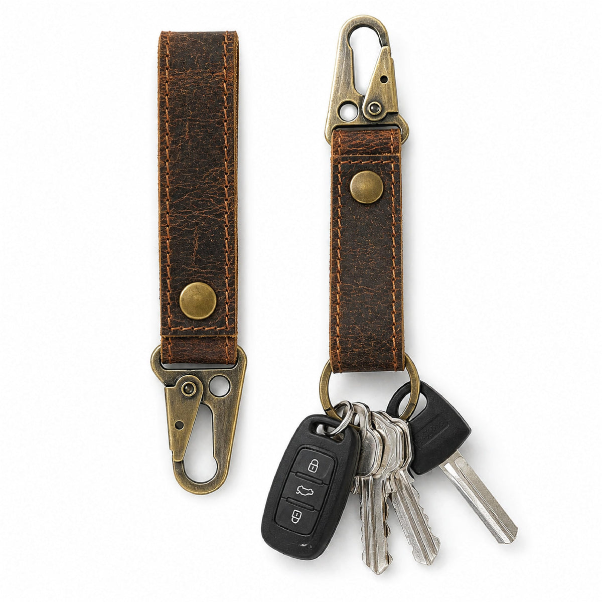TheAntiq Genuine Leather Key Organizer with Dog Hook - Handmade Key Holder Clip with Snap Strap, Durable Leather Keychain for Belt, Bag & Everyday Carry (Brown)