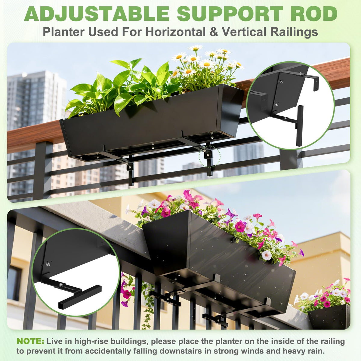 2PC Railing Planter for Outdoor Plants 36 Inch Metal Hanging Planters Pots with Adjustable Brackets and Drainage Railing Planter Boxes Hanging Flower Pots for Balcony Deck Railings Apartment Patio Dec