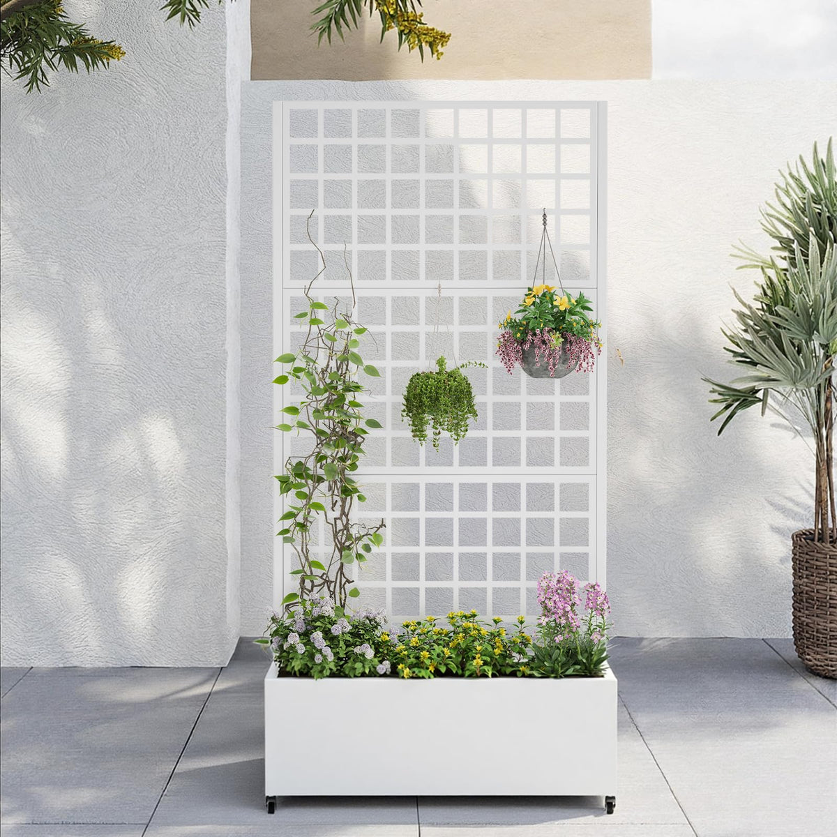Metal Planter Box with Trellis,72"x35"x15",Galvanized Raised Garden Bed Trellis Outdoor Planter with Privacy Screen & Wheels and Drainage Holes,for Patio Climbing Vegetables,Flowers,Vines,White