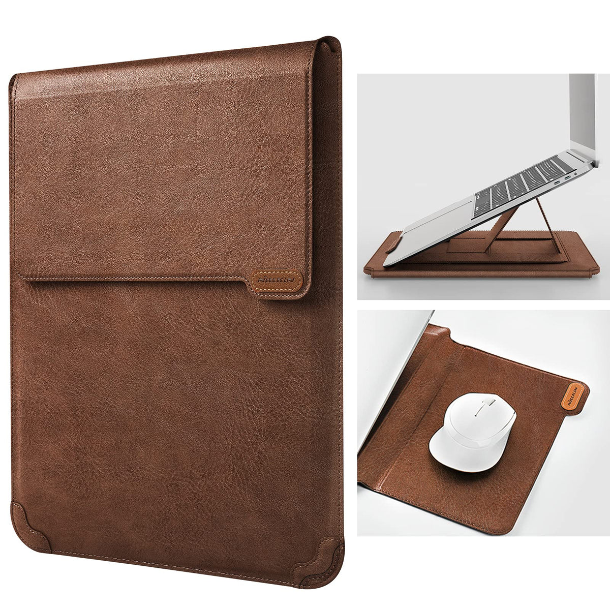 Nillkin Laptop Sleeve 13 inch (3-in-1), MacBook Sleeve with Adjustable Stand & Mouse Pad, 2 Stand Modes, 13 inch Laptop Case, Slim MacBook Accessories for Samsung/Surface/Chromebook/HP 12-14'', Brown