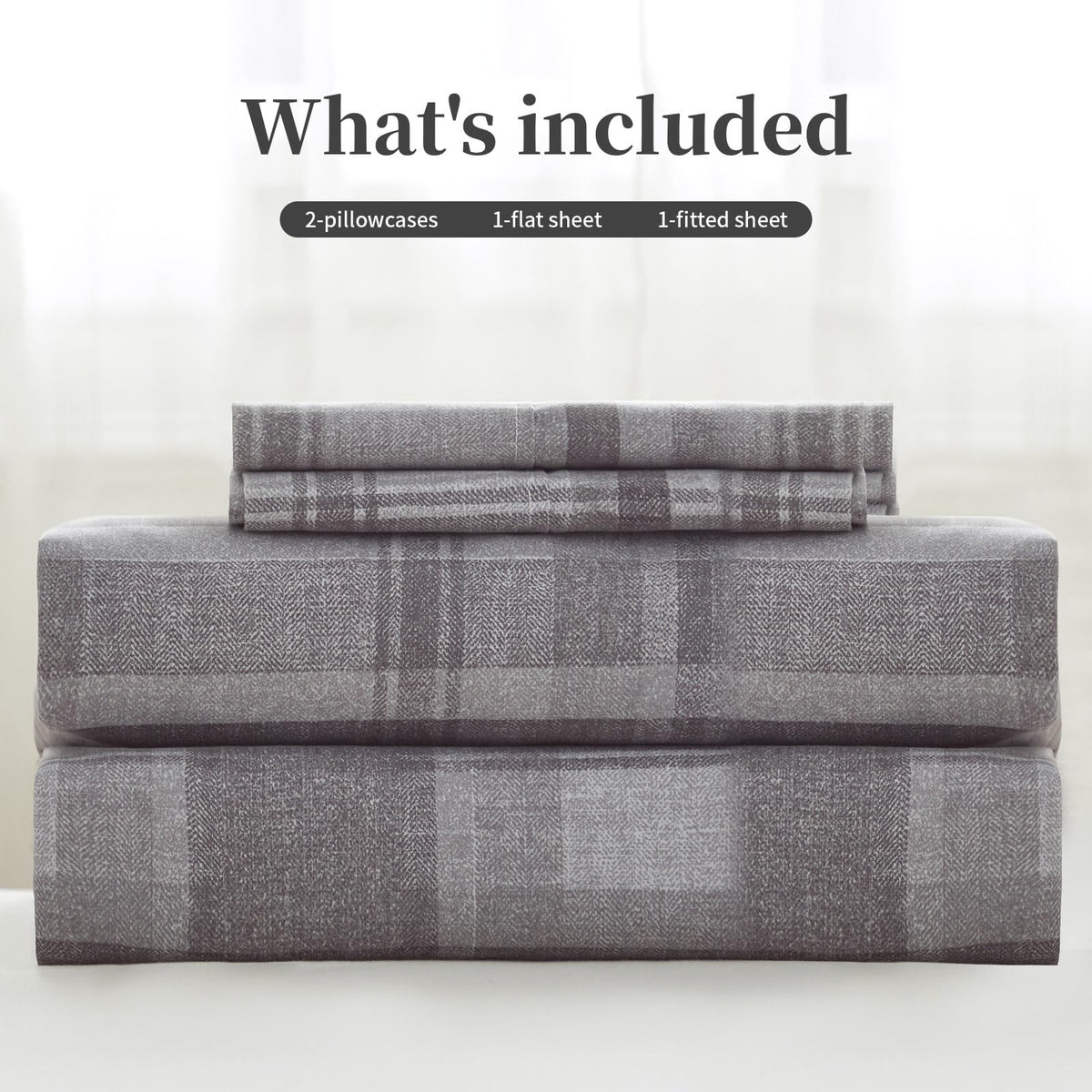 King Sheets Set 4PC - Soft Cooling 1800 Thread Count Microfiber Printed Sheet, 8 - 17" Deep Pocket Breathes Better, Hypoallergenic, Wrinkle Free, Machine Washable Grey Plaid Patterned Double Bedding