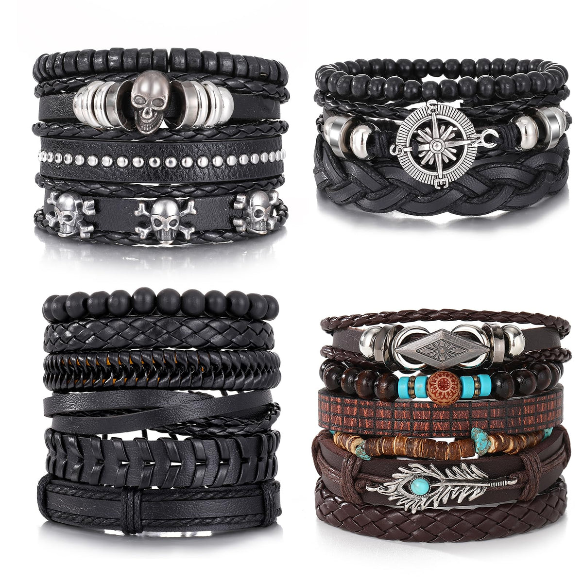 KISS WIFE Leather Bracelet for Men, 4 Packs Punk Bracelets Set, PU Braided Wrap Wristband Skull Skeleton Rock Emo Jewelry Accessories Adjustable Black Brown