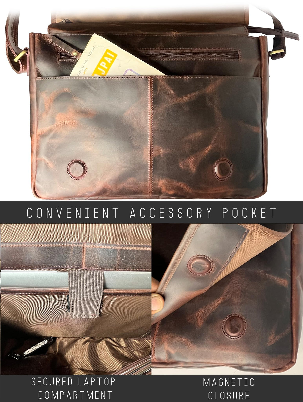 Leather Messenger Bag for Men 14 inch Leather Laptop Bag Vintage Crossbody Office Satchel Travel Shoulder Bag, Dark Brown