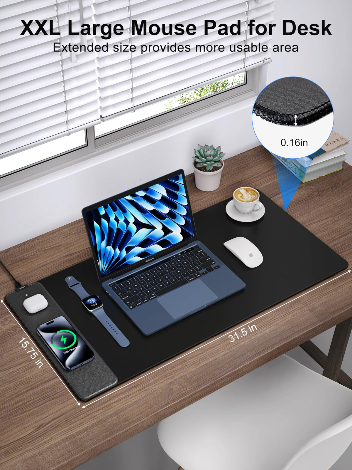TopMade Wireless Charging Mouse Pad, Waterproof Gaming Mousepad with Ultra-Smooth Surface, Non-Slip Base, 31.5"x15.75" XXL Large Desk Pad, Classic Black Computer Desk Mat for MacBook, PC, Laptop