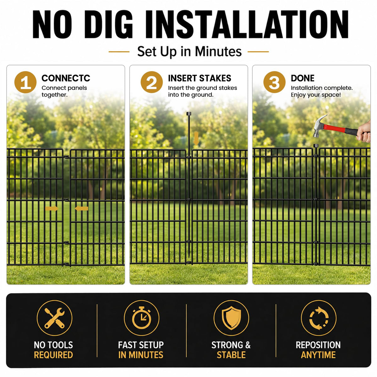 8 Panels No Dig Garden Fence Animal Barrier, 48in(H) × 21ft(L) Decorative Metal Outdoor Dog Fence, Rustproof Pet Fencing for Yard, Patio, Flower Bed -Temporary Fencing| Easy to Install