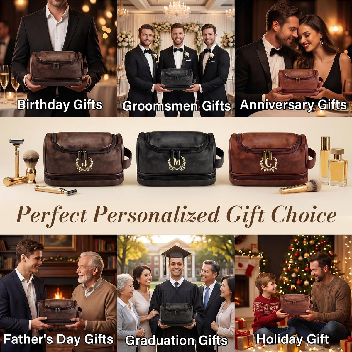 giftoria Father's Day Travel Toiletry Bag for Men, Leather Waterproof Shaving Kit Bag with Hanging Hook, Birthday Anniversary Christmas Presents for Father(S)