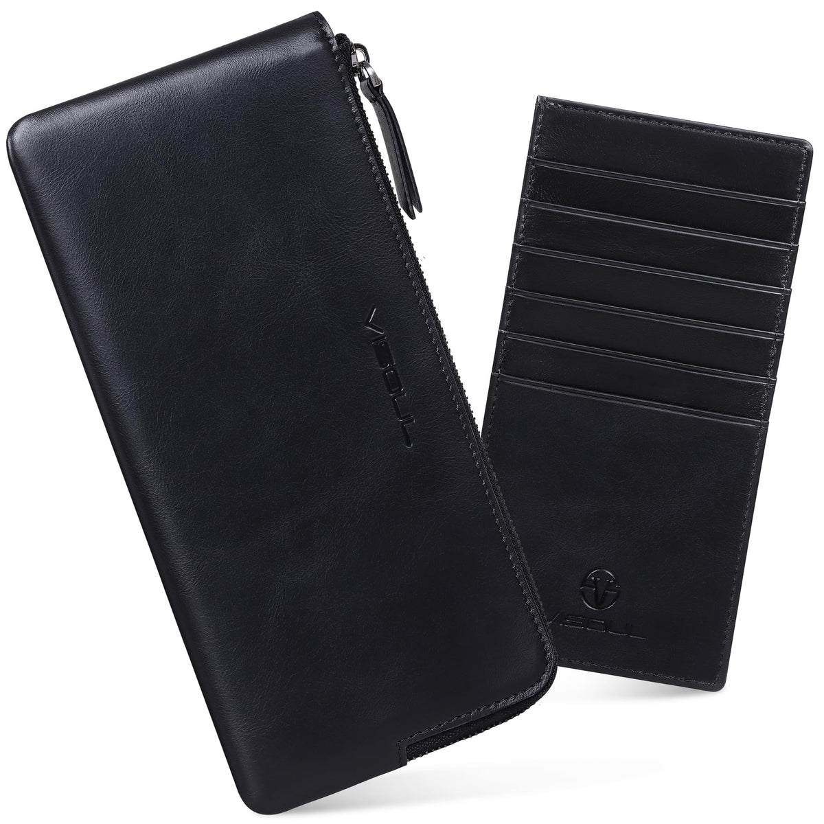 VISOUL Long Zipper Cash Wallet for Men and Women with Removable Credit Card Holder, Soft Genuine Leather Clutch Wallet-Black