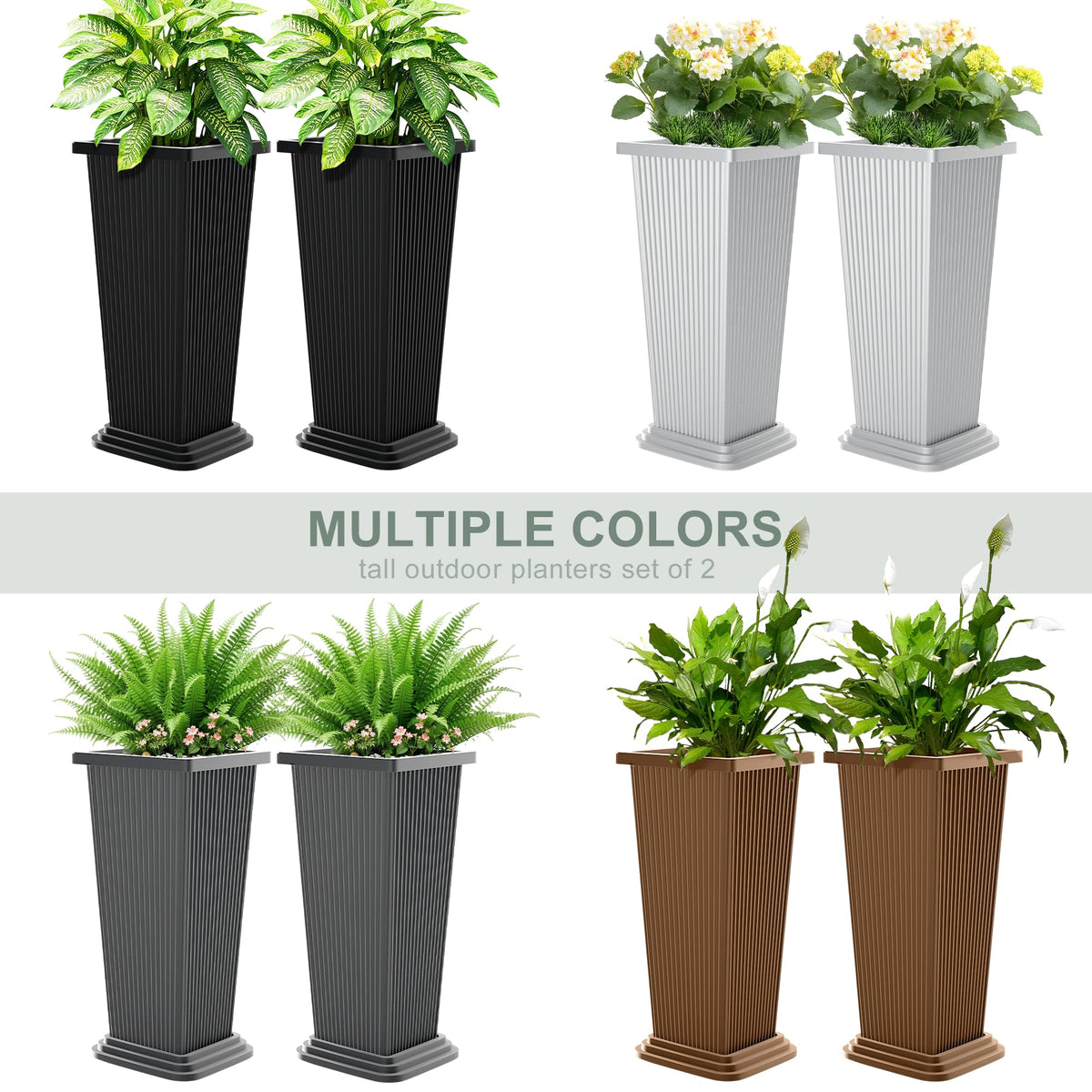 PolarcoForgeco Tall Outdoor Planters Set of 2, 24" Tapered Outdoor Tall White Planter for Front Porch, Large Indoor Modern Planter Flower Pots with Tray, Drainage Holes (Ribbed)