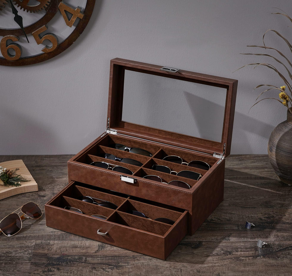 BEWISHOME Sunglasses Organizer, 12 Slots Sunglasses Case for Women Men, Eyeglasses Eyewear Display Case with Clear Glass Top, Faux Leather,Brown SSH48Z