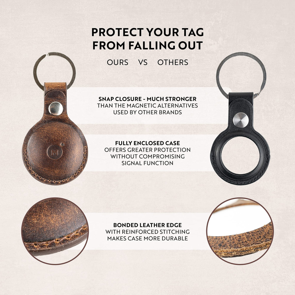 moonster Genuine Leather AirTag Keychain Holder for Apple Air Tag, Full-Grain Buffalo Leather AirTag Holder with Key Ring, Reinforced Stitching and Snap Closure (4 Pack)