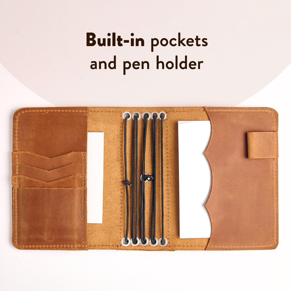 TORAKIP Leather Journal Cover A6 – Handmade Refillable Traveler’s Notebook with 5 Elastic Bands, Pen Holder & Card Pockets, Leather Notebook Case Fits A6 Inserts (Paper Not Included), Caramel Brown