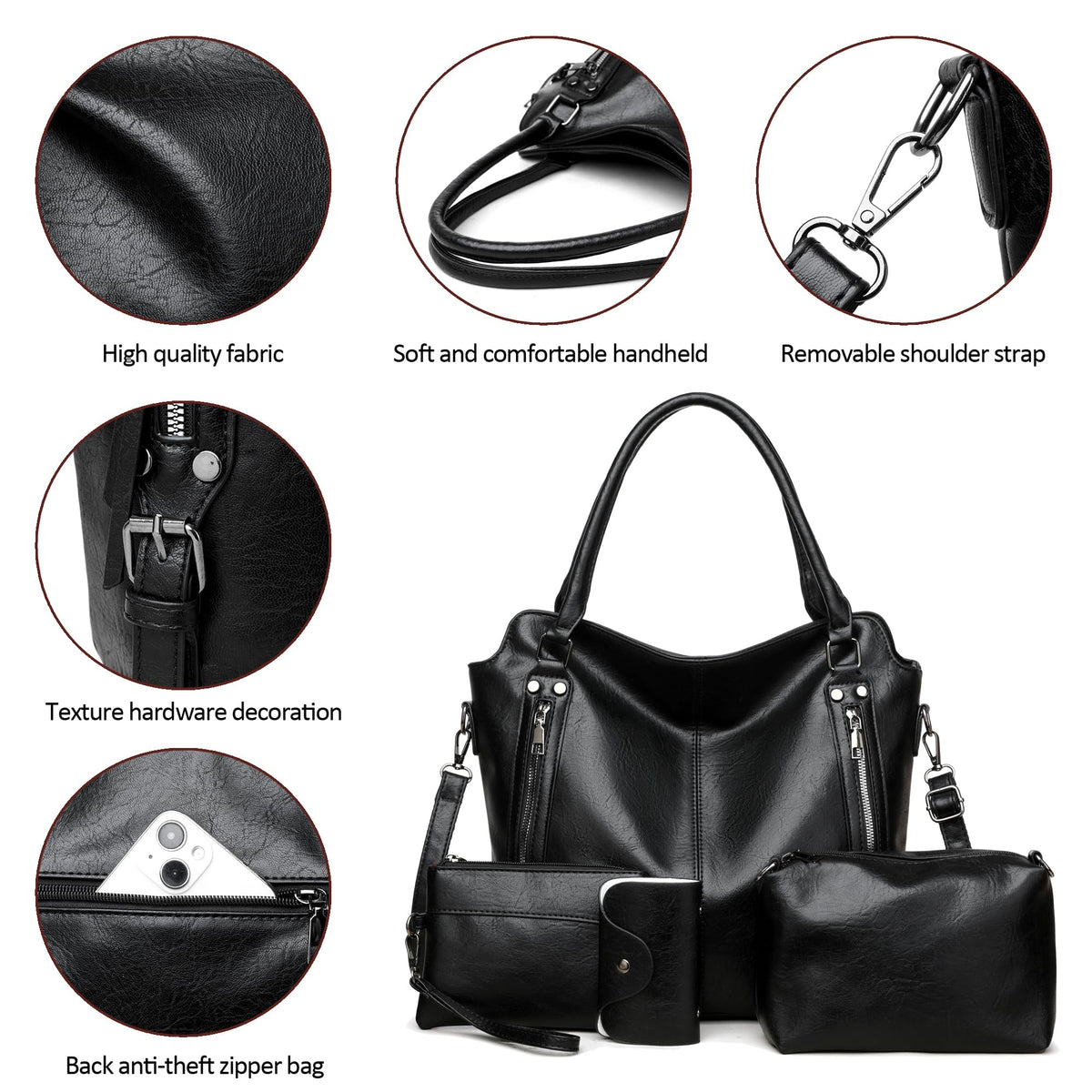2E-youth Purses for Women Large Tote Women's Handbag Set Faux Leather Hobo Crossbody Bag 4pcs (1A-Black)