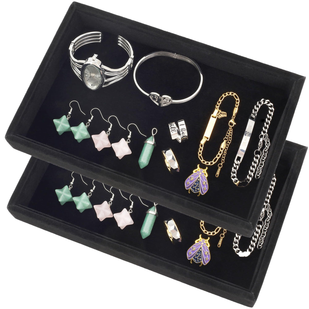 Mornajina 2 Pcs 9" x 5.7" Velvet Jewelry Tray Jewelry Display Tray, Stackable Empty Plate Trays for Earrings Necklaces Bracelet Rings Display Showcase - Black