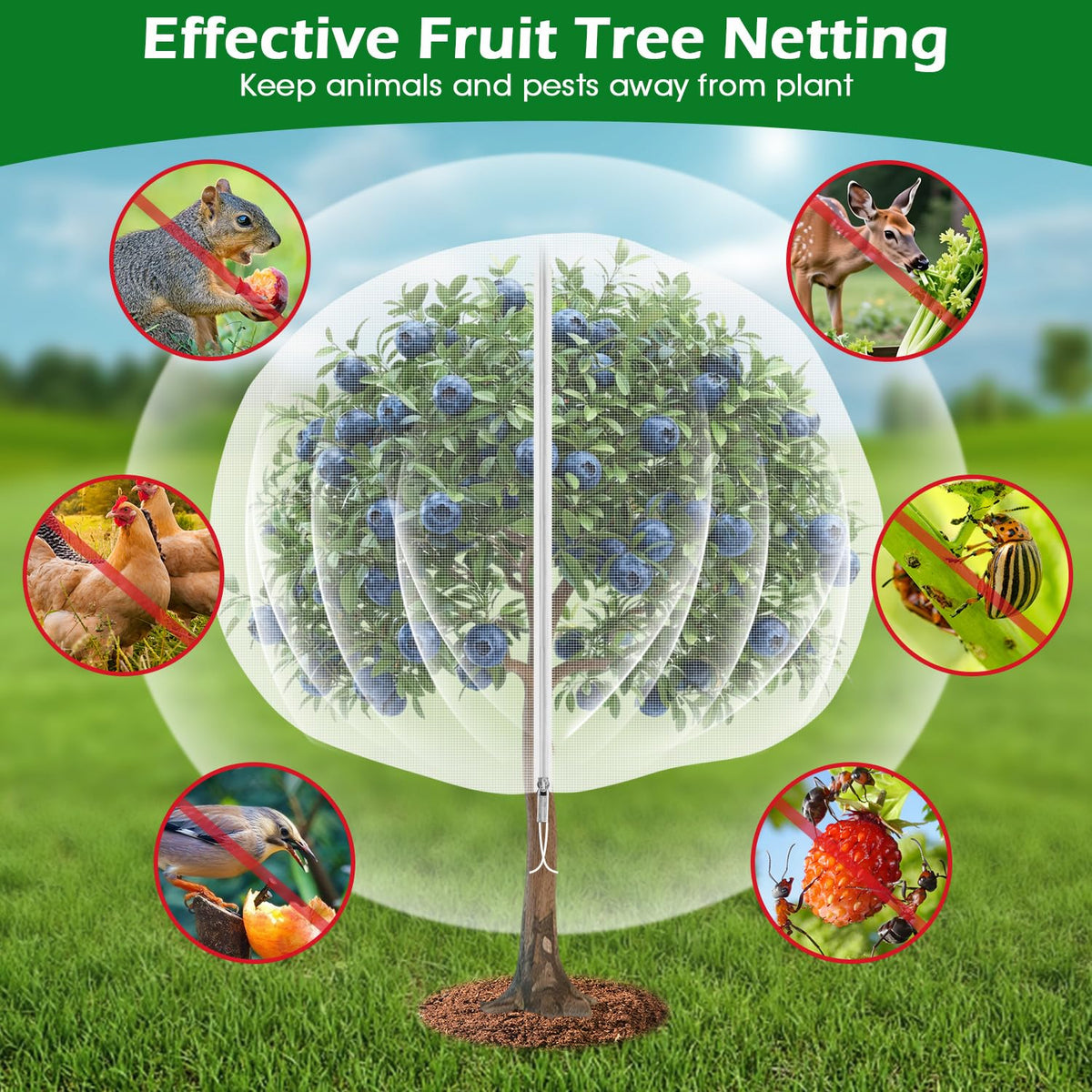 8'x8' Fruit Tree Netting Cover with Zipper and Drawstring, Ultra-Fine Mesh Garden Plant Insect Pest Net Barrier Protection Covers to Prevent Squirrel Bird Deer Cicadas Bag for Blueberry Tomato-1Pcs