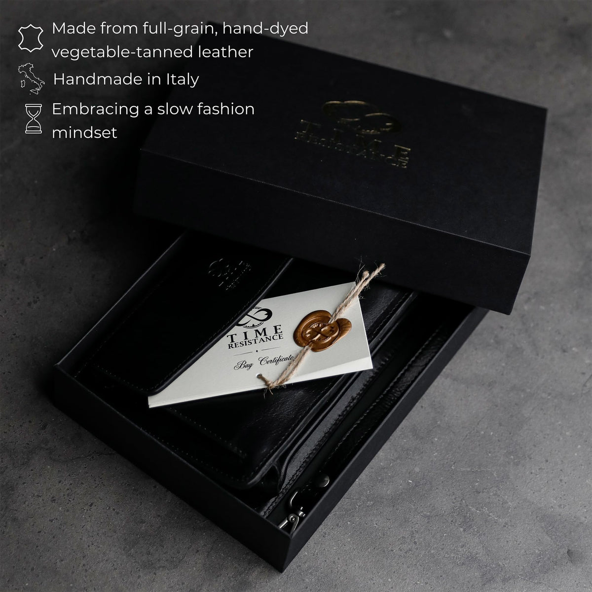 Time Resistance Leather Clutch for Men - Organizer Wrist Bag Briefcase - Handmade in Italy (Black) - Gift Box Included