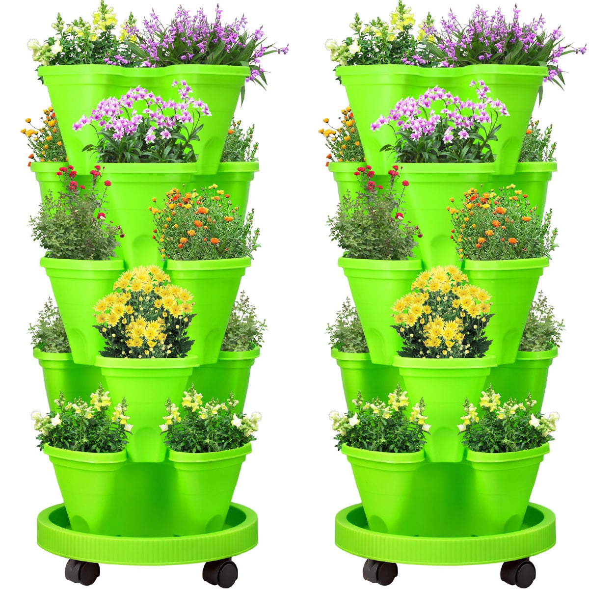 Umigy 2 Set 5 Tier Stackable Planters Vertical Garden Planters for Strawberry Herb Flower and Vegetable Indoor Outdoor Gardening Pots with Removable Wheels and Bottom(Green)
