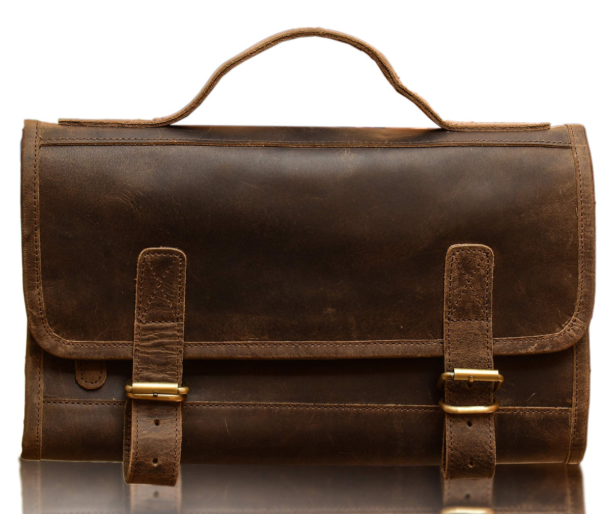 KomalC Premium Buffalo Leather Hanging Toiletry Bag Travel Dopp Kit (Distressed Tan)