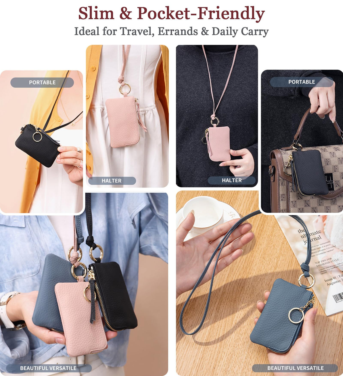 LnxLtw Travel-Friendly Leather Coin Purse for Women – Mini Zipper Wallet with Wrist Strap & Keychain, Compact Change Holder & Small Coin Pouch with Gift Box (Gray)