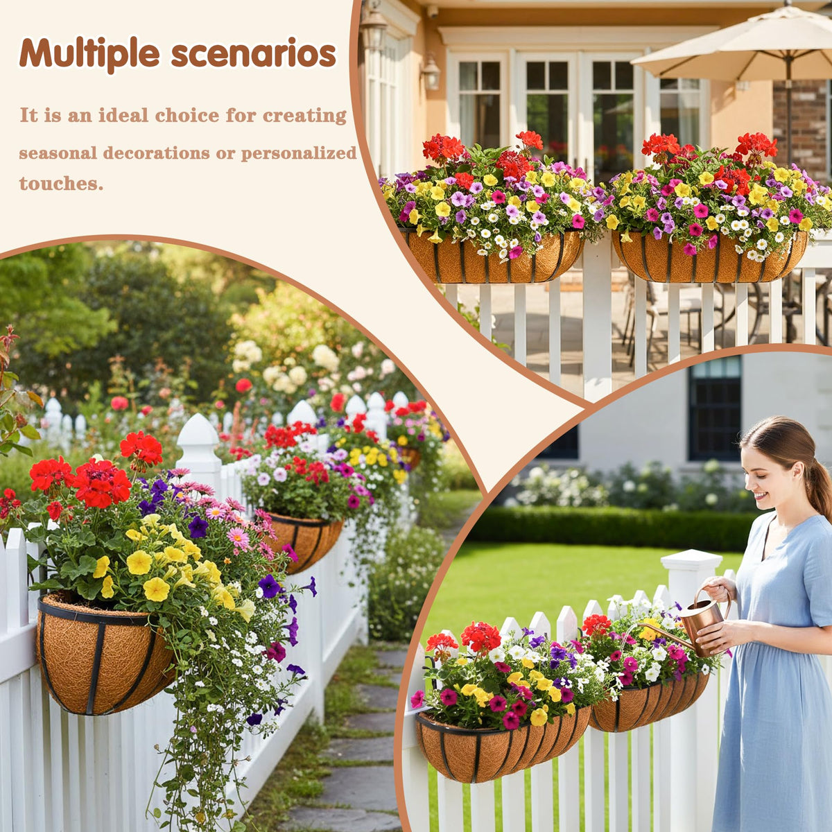 JFFLYIT 4 Pcs 24“ Railing Planter Window Box Deck Railing Planter Boxes with Coco Liner English Horse Trough Planter Metal Wall-Mounted Planters Basket for Outdoor Balcony Porch Fence Patio Rail