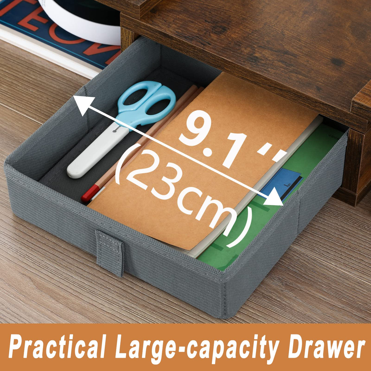TEAMIX 3 Shelf Monitor Stand Riser With Drawer - Length and Angle Adjustable Dual Riser With Storage Corner Desk Shelf Organizer Large Computer Stand for 2 Monitors/Laptop (Brown, 1 Drawer)