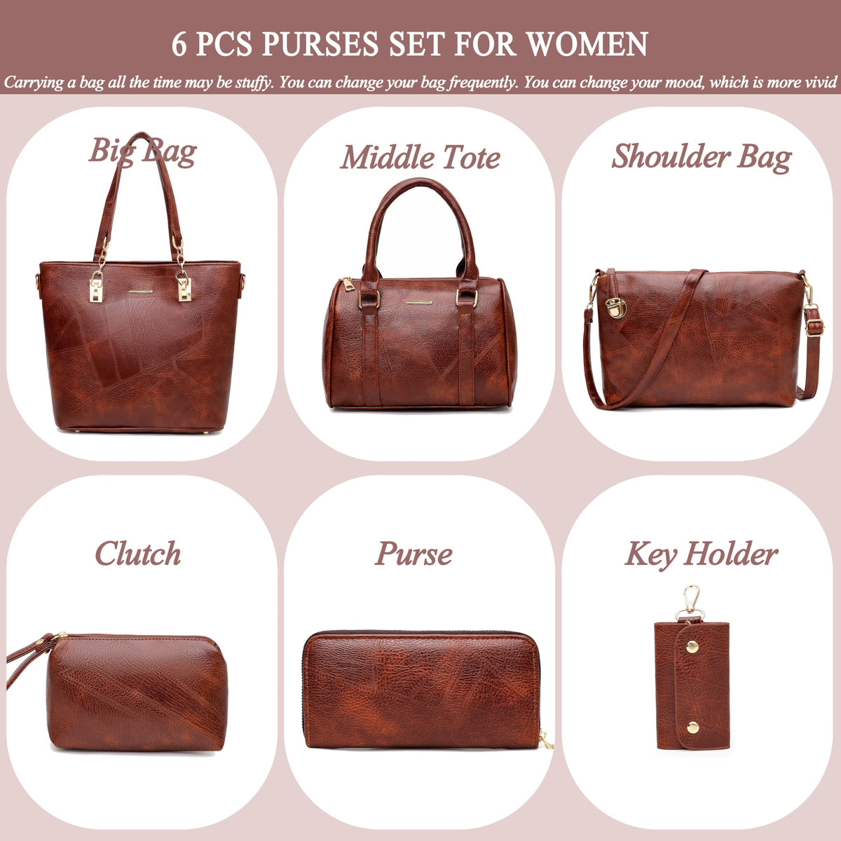 2E-youth Women Designer Purses And Handbags Set Satchel Shoulder Bags Tote Bags 6pcs Wallets (brown)