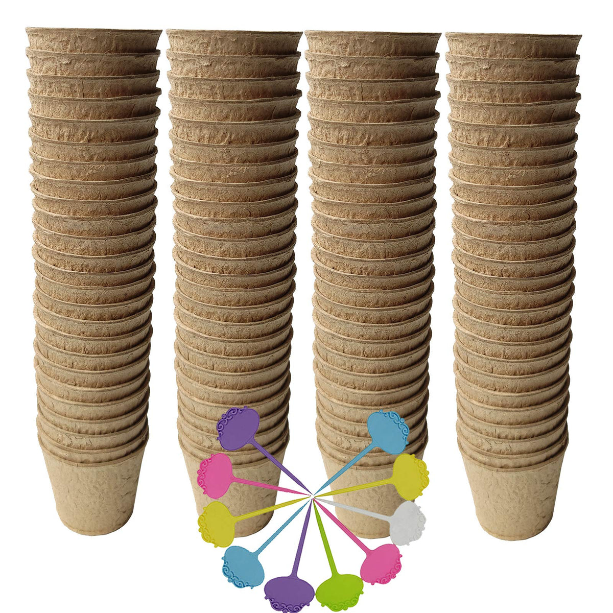 FDGARDEN Biodegradable Peat Pots for seedlings, 100 Pack Plant Seed Starter Pots Kit, 2.36inch Succulent Planter Nursery Pots with 10 Plant Markers, Garden Germination Kits