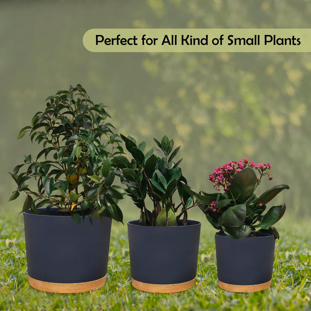 RUBBER BOND Plastic Plant Pots 3 Pack - Modern Indoor/Outdoor Planters for Home Decor - Weather-Resistant Flower Pots - Ideal for Stylish Garden and Patio Decor (Grey Round)