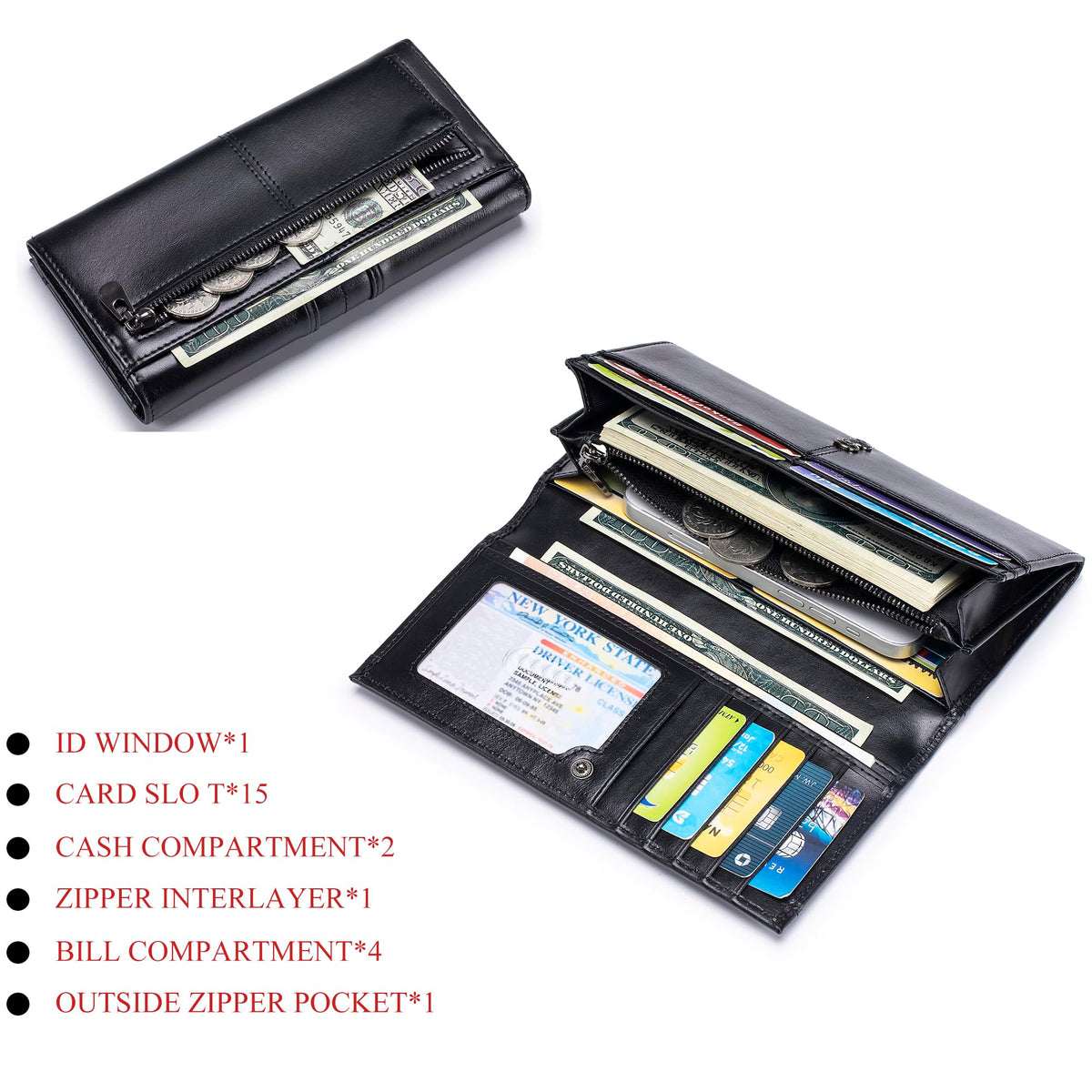 LUKZIJAES Wallets for Women Slim Long RFID Blocking Ladies Genuine Leather Bifold Wallet Womens with ID Window Coin Pocket (#1-Black)
