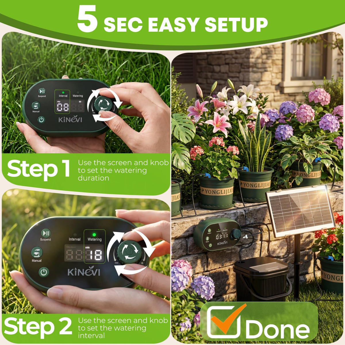 Solar Drip Irrigation System Kit, Auto Watering Kit for 15 Pots, 3W Solar Powered Auto Easy DIY Watering Device,22 Timing Modes with with Anti-Siphoning Device & Buckets and Flower Pots