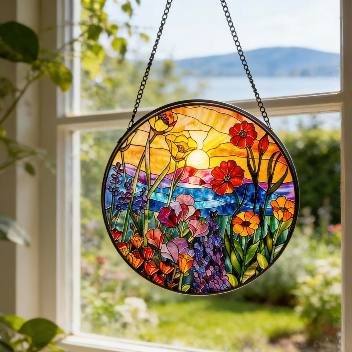 Stained Glass Sun Catcher,Wild FlowersStained Glass Window Hanging Garden Decor,Sun Catchers Indoor Window,Whimsical Decoration for Home Backyard Patio Lawn Porch with 9.8 INCH