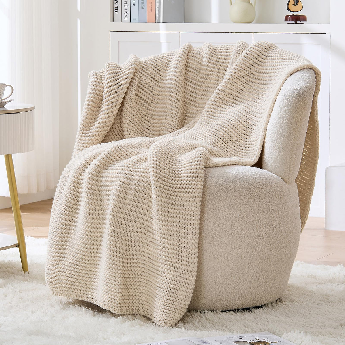 Cable Knit Throw Blanket for Couch, Beige Throw Blanket, Soft Cozy Stretchy Reversible Garter Knitted Blankets for Bed, 50"x60", Light Beige