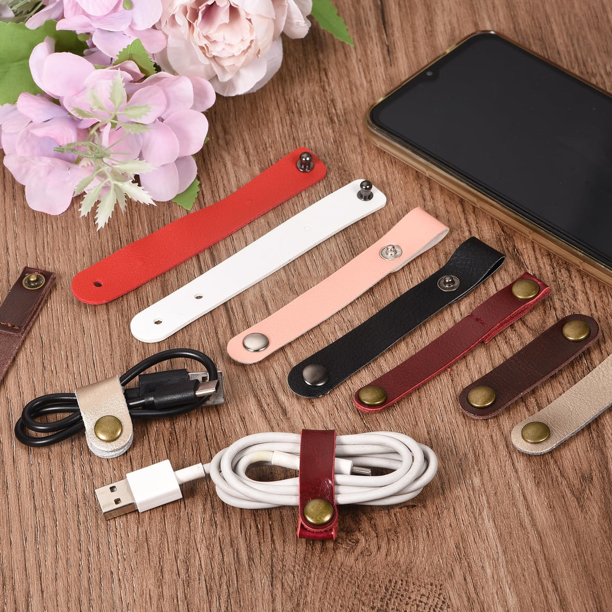 MECCANIXITY Pack of 15 Leather Cable Straps Cord Organizer 90x12mm Portable Cable Leather Clips Brown Earphone Cord Management for Cable, Wire