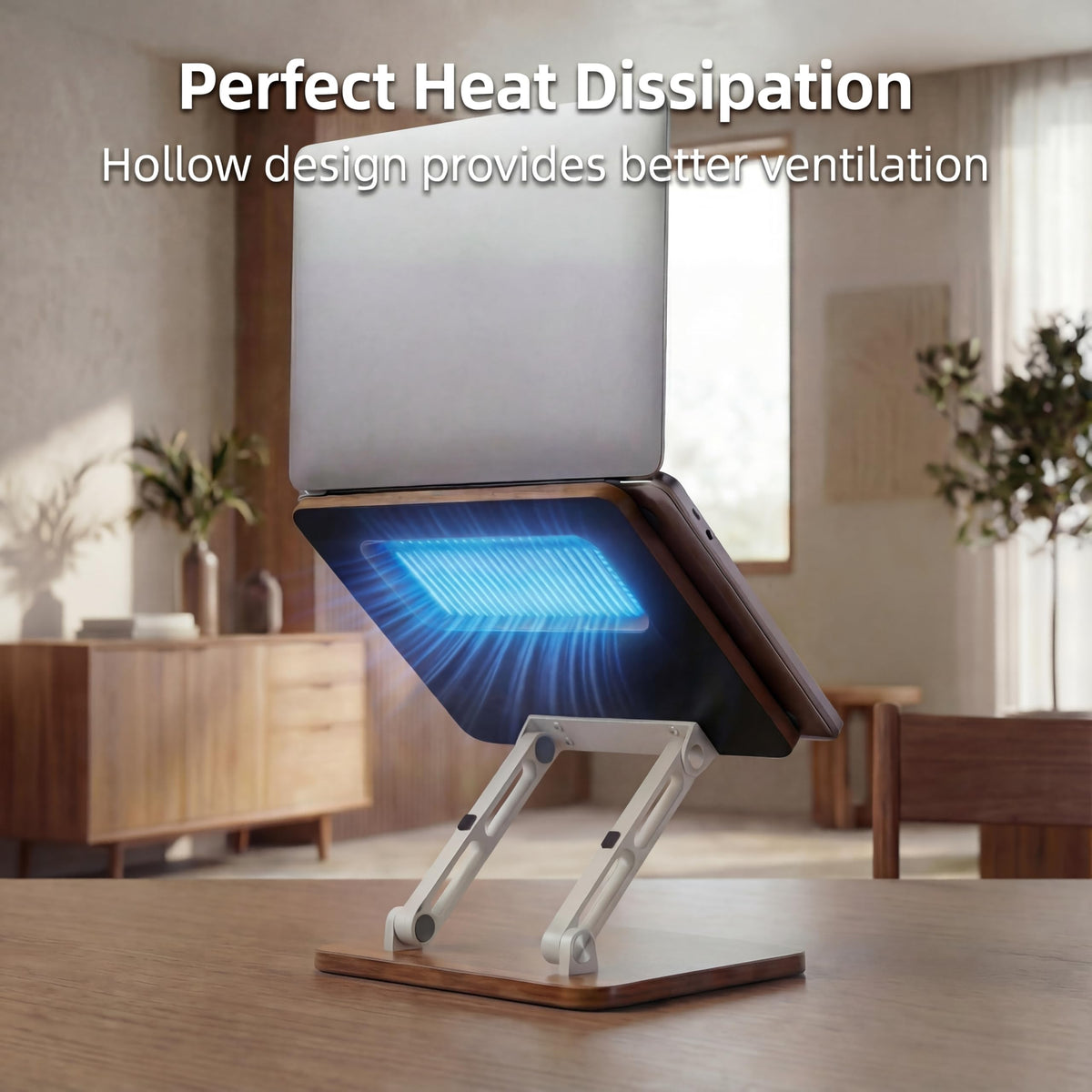 Craftreasure Ergonomic Adjustable Laptop Stand, Wooden & Metal Laptop Riser with Hollow Heat Dissipation, Foldable for Desk Use,Fits 10-17 Inch Laptops/Tablets