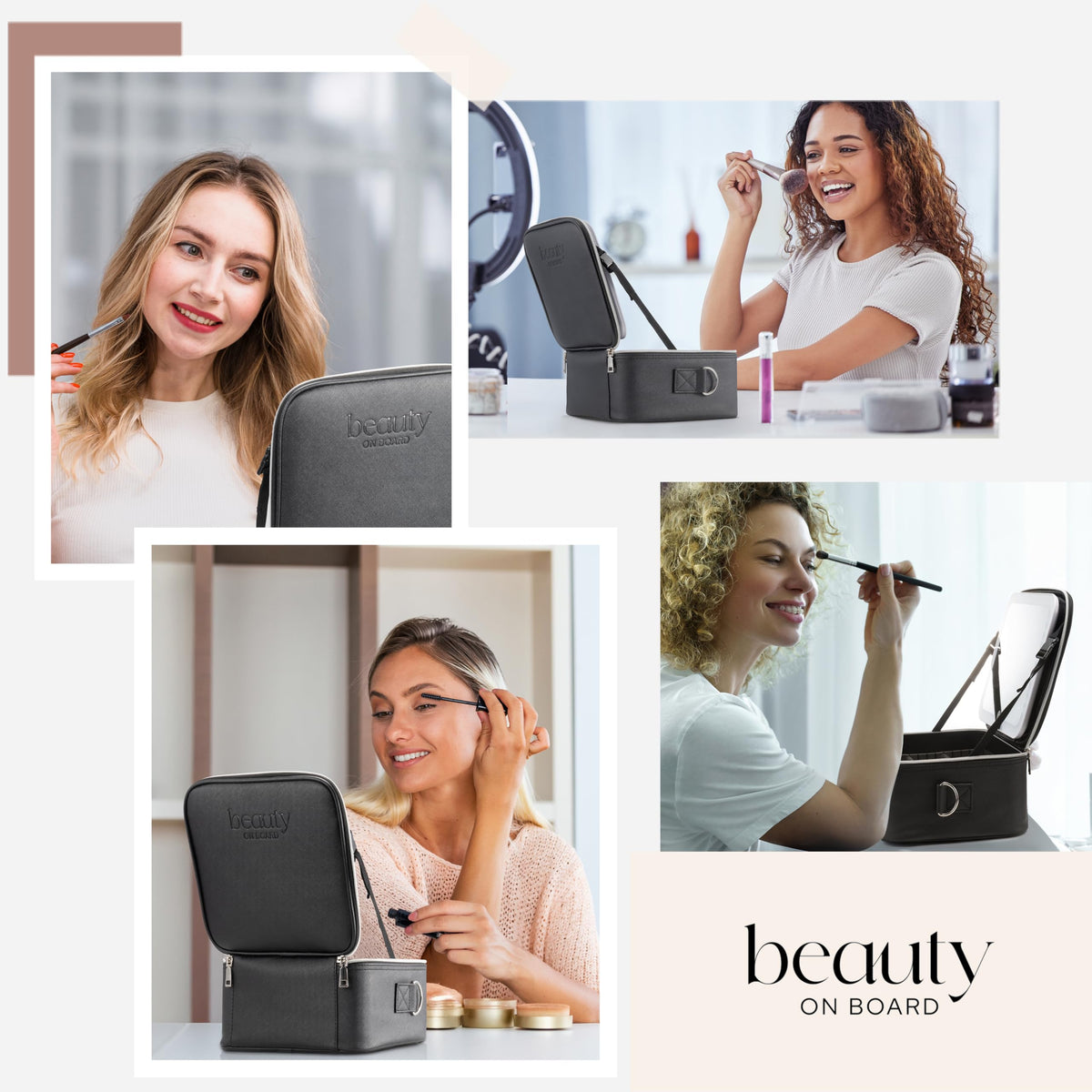 BeautyOnBoard Makeup Bag with LED Mirror, PU Leather Makeup Case - 3 Adjustable Brightness Levels, Lighted Cosmetic Case with Mirror, Dividers - Make Up Portable Storage Travel Organizer with Handle